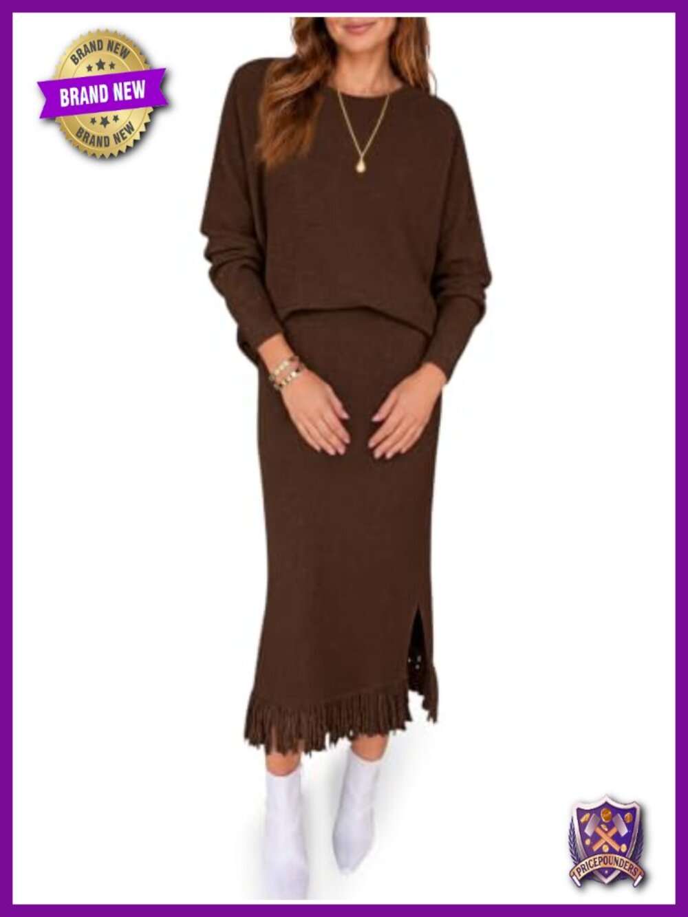 Womens 2 Piece Skirt Set Fringe Side Slit Winter Sweater Set Casual